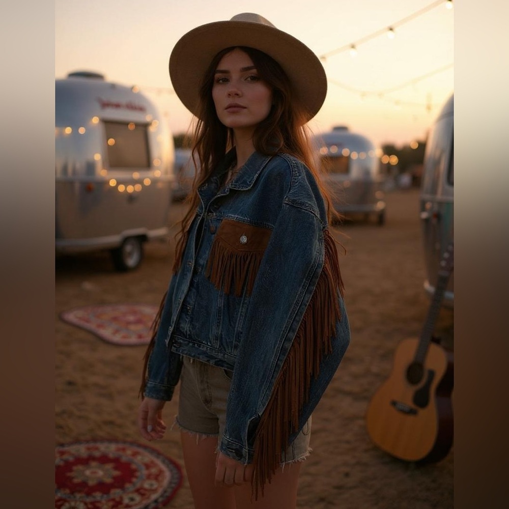 Womens Jean Denim Suede Fringe Western Cowgirl Rodeo Jacket Large Rock n Roll - Picture 2 of 16